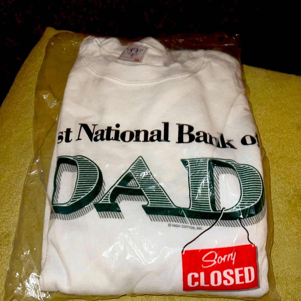 Mans First National Bank of Dad, sorry closed. Long sleeve,leave sweatshirt